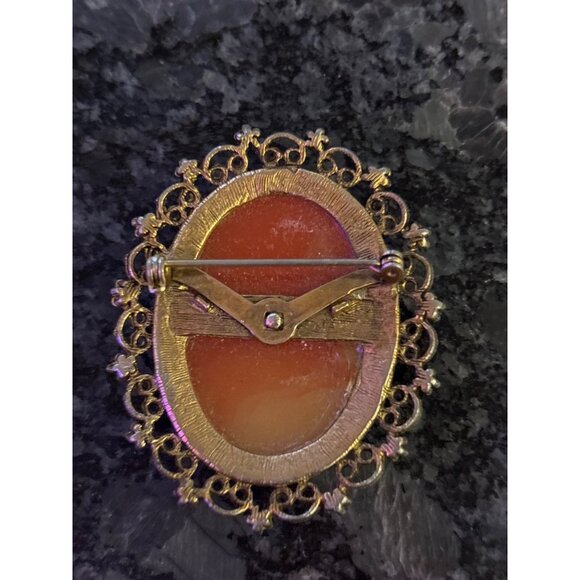 Vintage Cameo Brooch Rhinestone Victorian Style Lady Profile Gold-Tone Filigree - Picture 8 of 9